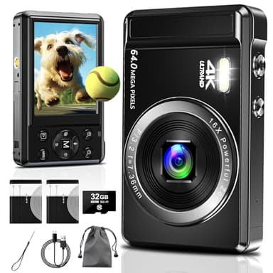 Appareil photo numérique compact 4K 64MP avec carte SD de 32 Go pour photographie, mise au point automatique, mini appareil photo portable pour garçons, filles, enfants, débutants, adolescents avec