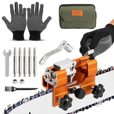 Affuteuse de Chaine Tronconneuse,Kit Portable Affûteur Avec 5 Têtes D'affûtage Outil dAffûtage pour Tous Les Types de Tronçonneuses Tronçonneuse Bûcheron et Jardinier avec Sac Portable, Gants