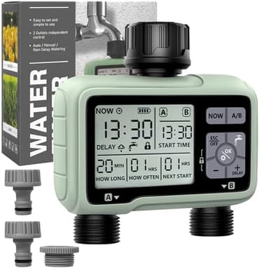 Programmateur Arrosage Automatique/Manuel 2 Voies,Minuterie D'irrigation de Jardin,Connecter la Minuterie du Robinet avec Retard de Pluie/Mode de Verrouillage Enfant/Étanchéité IPX5 /Grand écran LCD