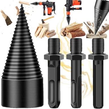 Begpoee Fendeur de Bois Conique, 42mm Fendeuse de Buches, Forets à Bois de Chauffage, Fendeur Conique, Bois Fendre pour La Coupe du Bois, Avec 3 Poignées de Perceuse, Pour Percer Le Bois(Noir)