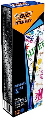 BIC Intensity Stylo Feutre d'écriture Pointe Fine et Corps Noir Verni - Bleu foncé, Boîte de 12