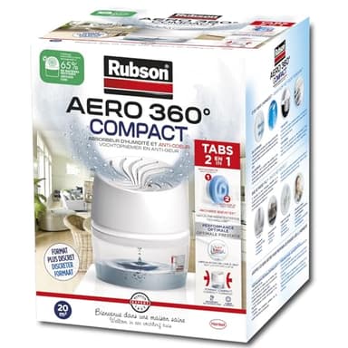 Rubson AERO 360° Absorbeur d'humidité Compact (1 appareil + 1 recharge de 450 g) – Déshumidificateur anti-odeur – Absorbeur anti-humidité & condensation