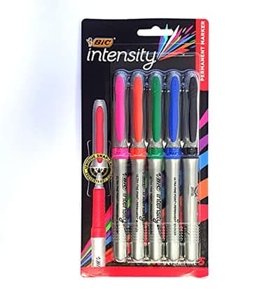 BIC Intensity Lot de 5 marqueurs permanents à pointe ultra fine pour verre, métal, CD, papier couché, photos et plastiques Couleurs assorties