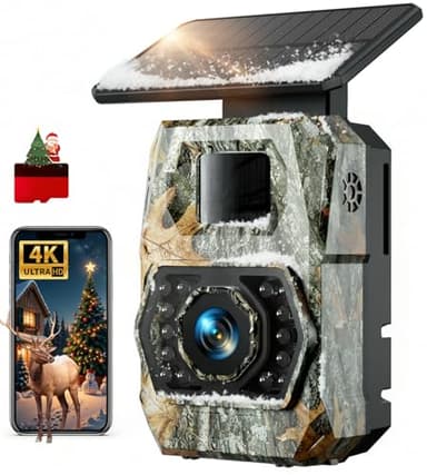 Caméra de Chasse Solaire, 60MP 4K WiFi Camera Chasse avec 5200mAh Batterie Rechargeable, 850nm LED Camera Infrarouge Vision Nocturne Animaux Caméra, Grand Angle 100°, Etanche IP66 avec Carte 32GB