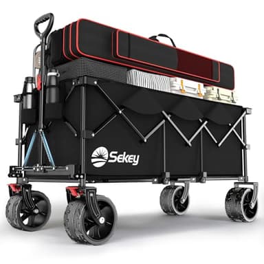 Sekey XXXL Chariot de Transport Pliable avec Freins 300L 200KG, Chariot de Plage Jardin avec Roues Extra Larges 17x10 cm, Pliable Breveté dans Quatre Directions SE4013, Noir Profond