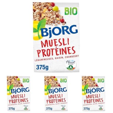 BJORG - Muesli Protéines Bio - Légumineuses, Raisin, Cranberry - Réduit En Sucres - Riches En Fibres - 375g (L'emballage peut varier) (Lot de 4)