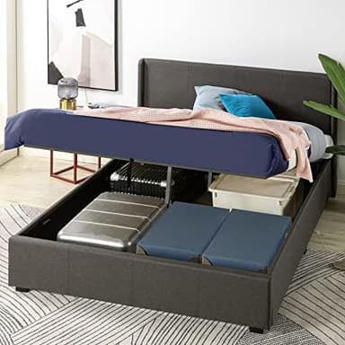 Zinus Maddon Lit Coffre 160x200 cm - Hauteur 31 cm - Système de Levage Hydraulique - Tête & Cadre de Lit Double en Bois tapissier - Gris foncé