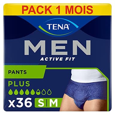 TENA Men Active Fit Sous-vêtements Absorbants Jetables Incontinence Homme - Pour Fuites Urinaires Modérées à Fortes - Taille S / M - 36 Sous-vêtements (Pack 1 mois)