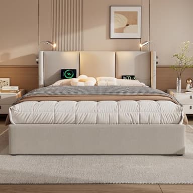 Lit Coffre 160x200 Avec Sommier, LED, USB et Tête de Lit - Espace de Rangement, Double à Lattes Pour 2 Personnes - Cadre Capitonné (Sans Matelas)
