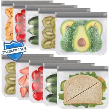 Lot de 10 Sac Congelation Reutilisable, Sans BPA, Sacs Réutilisables de sandwich, Sacs de Alimentaires Étanches pour Mariner Viandes, CéréAles, Légumes, Organisation à Domicile (Gris)