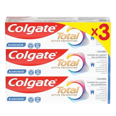 COLGATE - Total Prévention Dentifrice 24h Active Blancheur Naturelle - Aide à prévenir les problèmes bucco-dentaires - Réduit les taches de surface - 3x75ml
