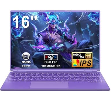 Ordinateur Portable Gaming 16 Pouces 12 + 512 Go Soutien Extension 1TB (HDD-2TB) 4 cœurs Celeron N5095 (jusqu'à 2,9 GHz)1920x1200 PC Gamer Portable,Laptop avec Écran 2K 2.4+5G WiFi Mini HDMI-Violet