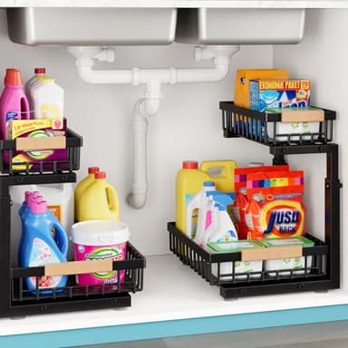 Lot de 2 organisateurs de rangement sous évier en métal Version 3.0 améliorée Rangement coulissant multifonction cuisine, salle de bain et garde-manger