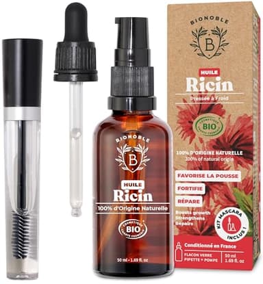 BIONOBLE Huile de Ricin Bio Pressée à Froid + Kit Mascara, 100% Naturelle - Favorise la Pousse, Répare - Huile de Ricin pour Cheveux, Cils, Sourcils - Castor Oil - Flacon Verre, Pipette, Pompe - 50ml