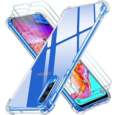 ivoler Coque pour Samsung Galaxy A70 avec 3 Pièces Protection Écran en Verre Trempé, Transparent Étui de Protection en Silicone Antichoc, Mince Souple TPU Bumper Housse