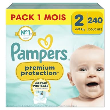 Pampers Premium Protection, Taille 2, 240 Couches, 4-8kg, Double Protection pour la peau et contre les fuites Avec Poche Stop & Protect pour aider à capturer les Fuites, Pack 1 Mois