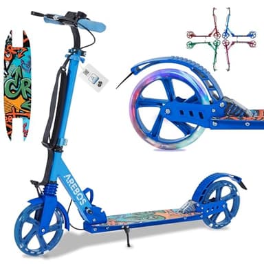 Arebos Trottinette réglable en Hauteur | Pliable | Sangle de Transport Incluse | Roues LED | Frein de pédale à Main | Suspension Avant-arrière | Enfants & Adultes | Charge maximale 100kg | Bleu