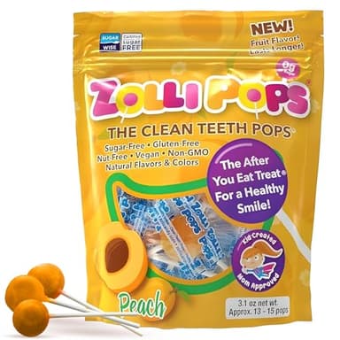 Zollipops Clean Teeth Pops Bonbons sans sucre avec xylitol, sucettes sans colorant, adaptées aux régimes cétogènes et diabétiques, gâteries approuvées par les dentistes pour enfants (pêche, 88,9 g)
