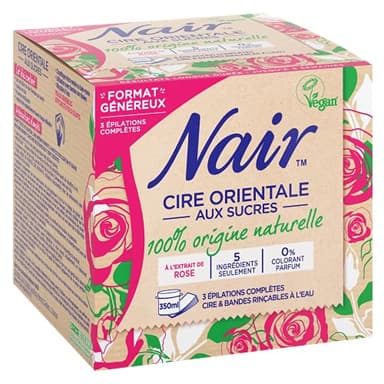NAIR - Cire Orientale aux Sucres à l'Extrait de Rose, 100% d'Origine Naturelle, Sans Colorant ni Parfum, avec Bandes Réutilisables Rinçables, Pot de 350ml