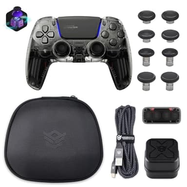 HEXGAMING Manette pour ps5 avec 4 Palette / 8 Joysticks Hall Effect/Câble de Charge/Étui Sac de Transport/Support de Chargeur Manette,ULTIMATE PRO Controller pour ps5/PC/Mobile-Noir Aventurier