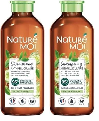Naturé Moi - Shampooing Antipelliculaire - Sans Sulfate - Soin des Cheveux Normaux Pellicules - Thé, Eau de Concombre Bio - 95% d'Origine Naturelle - 250 ml - Fabriqué en France (Lot de 2)