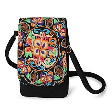 Mini Sac Hippie, Sac à bandoulière Ethnique Boho, Hobo Crossbody-Sac en Toile pour Femme avec Sangle réglable, Petit Sac à Main pour Fille, Porte-Monnaie Vintage brodé Fleur pour téléphone