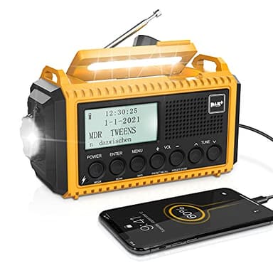 Radio Numérique Dab+/Dab/FM, Radio Solaire Portable avec Manivelle, 5000mAh Batterie Rechargeable, Écran LCD, Port USB, Prise Casque, Lampe de Poche, SOS, Mono/Stéréo pour Camping -Jaune