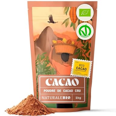 NaturaleBio Poudre de Cacao Bio 1kg. Non Sucré, Naturel et Pur à partir de Fèves Crues. Produit par la Plante Theobroma. Source de Magnésium, Manganèse et Phosphore. Testé pour les Métaux Lourds