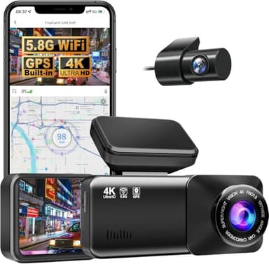 Dashcam Pro avec 4K Voiture Avant Arriere, WiFi 5,8 GHz, GPS, Carte 64 Go Offerte, caméra embarquée avec Moniteur de stationnement, Objectif Grand Angle 170°