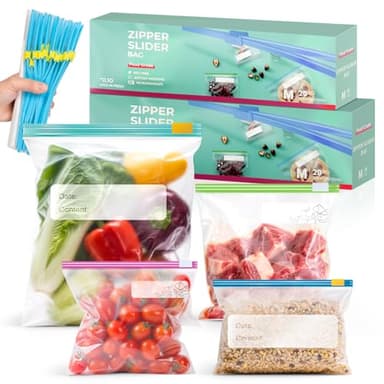KMFYMPT 80 Pièces Sacs Congélation Avec Zip, 4 Tailles Sacs de Congélation Coulissants Réutilisables, Sachet Congélation Zip, Sac de Conservation Alimentaire Hermétiques Fond Extensible