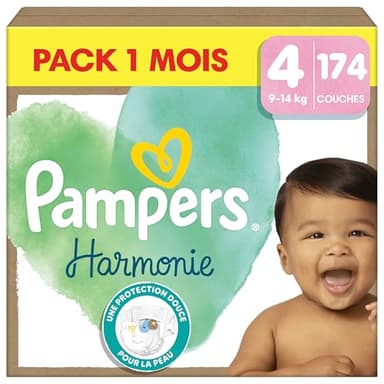 Pampers Harmonie, Taille 4, 174 Couches, 9-14kg, Protection Douce Pour La Peau Avec 100% D’Absorption Pampers, Pack 1 Mois