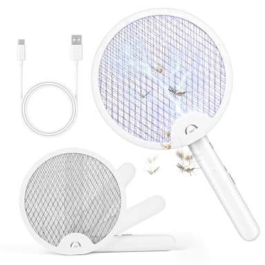 Raquette Electrique Insectes, 2 en 1 Rechargeable Lampe Anti Moustique 4000V Pliable Raquette Electrique Anti Moustiques Raquette Moustique Electrique Portable avec Lampe UV pour Interieur Exterieur