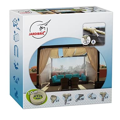 Jardibric - Kit de Brumisation BRU061 - Brumisateur Fixe, 10m de Tuyau, 6 Jonctions Orientables, Buses Anti-Goutte 2 Bars, 16 Pinces - Rafraîchissez Votre Jardin ou Terrasse Facilement.