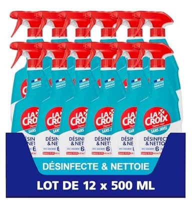 LA CROIX - Spray Désinfectant et Nettoyant Cuisine - Efficacité Sans javel et avec 6 ingrédients - Enlève saleté et graisse - Lot de 12 Flacon Spray 500 ml