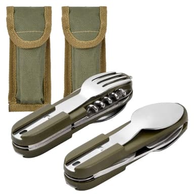 Wisebom Set de Couverts de Camping Pliants, 2 Pièces Kit Couverts de Camping 8 en 1 en Acier Inoxydable Amovible Vaisselle de Camping pour la Randonnée en Plein Air Pique-Nique Voyage (Vert)