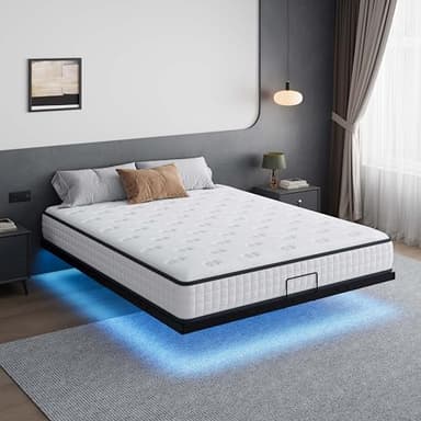 DEWINNER Lit avec sommier 160 x 200cm- Bande Lumineuse LED Hauteur du Cadre de lit 20cm Flottant avec Rangement sous Le 2 Personnes Plateforme en métal - Noir - sans Matelas