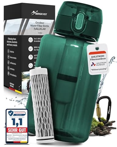 BERGKVIST® Outdoor Bouteille filtrante FJÄLLKLAR (1 l) - Gourde d'un litre avec filtre d'AHLSTROM® pour de l'eau potable propre en camping, randonnée et aventures de survie - Vert