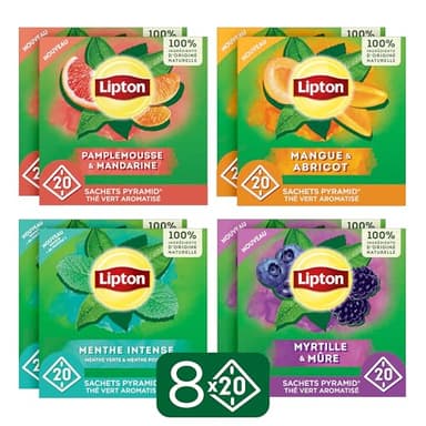 Lipton, Thé Vert 8 boîtes : Menthe Intense x2, Myrtille Mûre x2, Mangue Abricot x2 et Pamplemousse Mandarine x2, Ingrédients d'Origine 100% Naturelle, 8x20 Sachets Pyramid, 100 Sachets