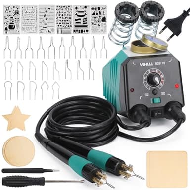 YIHUA 939-VI Kit de Pyrograveur sur Bois à Deux Stylos avec 23 Pointes en Fil de Formes Variées Stylo de Pyrogravure Détachable 6 Morceaux de Bois 6 Pochoirs comme Outil de Pyrograveur Bois(EU Plug)