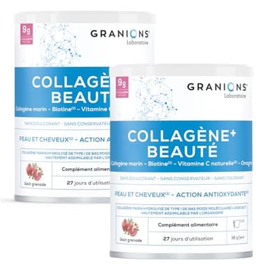 GRANIONS COLLAGENE +BEAUTE - Collagene Marin Poudre - Collagene et Acide Hyaluronique - Collagene Marin + Vitamine C + Biotine + Onagre - Beauté Peau et Cheveux - Grenade- Collagene Poudre 275g x2