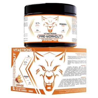 Pre Workout Sans Caféine 300g Vegan, Preworkout Booster Puissant, Vitamine B12, L Citrulline, Beta Alanine, enXtra Galanga, Taurine, AstraGin, Vitastrong Preworkout (24 portions (paquet de 1), Orange)