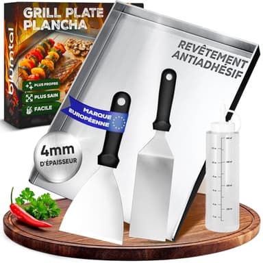 Blumtal kit plancha en inox - dimensions 30x40 cm - avec spatule plancha (x2) & bouteille à huile - accessoires barbecue grillades - plaque plancha gaz - kit en inox