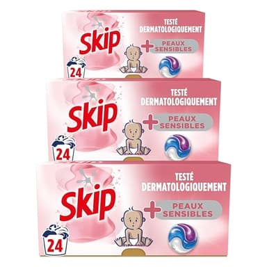 SKIP - Lessive Capsules - Tout en 1 - Peaux Sensibles - Propreté Impeccable et un Linge éclatant- Testées Dermatologiquement - Lot de 3x24 lavages