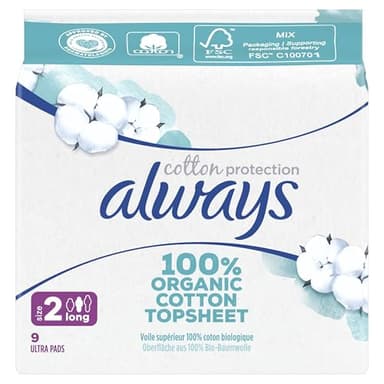 Always Cotton Protection Long Serviettes Avec Ailettes X9, Voile Supérieur 100% Coton Biologique