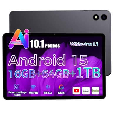 RebotAi 2026 Tablette 10 Pouces Android 15 avec Gemini AI, 16Go RAM + 64Go ROM + 1To TF, Widevine L1/WiFi 6/BT 5.2/5000mAh/Identification Faciale Tablette Tactile