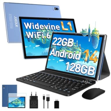 Tablette Android 14, tablette tactile, Tablette 10 Pouces, 22Go RAM 128Go ROM (1TB TF), Widevine L1|8000mAh|Octa-Core|2.0Ghz|5G WiFi 6|8MP+5MP|BT 5.0|Tablette avec Clavier, Etui et Souris, Bleu