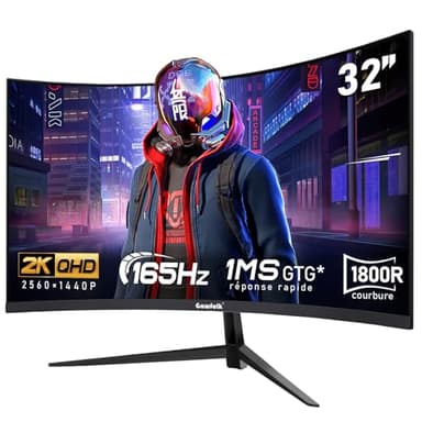 Gawfolk Écran PC 32 Pouces,2K WQHD(2560×1440P),165Hz incurvé Gaming Moniteur, 1ms sans Lunette, 100% sRGB，178 ° Angle Vue HDMI、DisplayPort, Compatible avec Mural VESA100*100MM - Noir