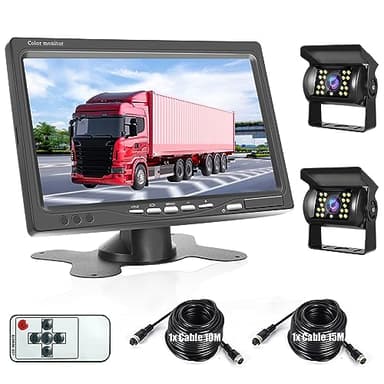 Camera de Recul pour Voiture 2 Caméras avec Moniteur LCD 7 Pouces, Caméra de Recul IR Vision de Nuit étanche IP68 avec 15M+10M Câble, pour Camping Car/Camion/RV/Remorques/Agricole/Motorhome 12V-24V