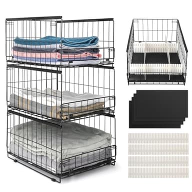 Wuciray Lot de 3 Organisateur Armoire Vetement Placard Rangement Boite Rangement Armoire Vetement Organisateur Placard Vetement Pliable Empilable Métal pour Chambre Penderie Vetement