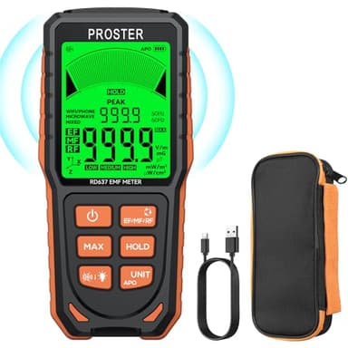 Proster 3 en 1 EMF Détecteur 1V/m-1999V/m Champ Électrique/Magnétique/Haute Fréquence Électromagnétique EF/RF/MF Alerte Sonore et Lumineuse pour Maison Bureau Inspections CEM Chasse aux Fantômes